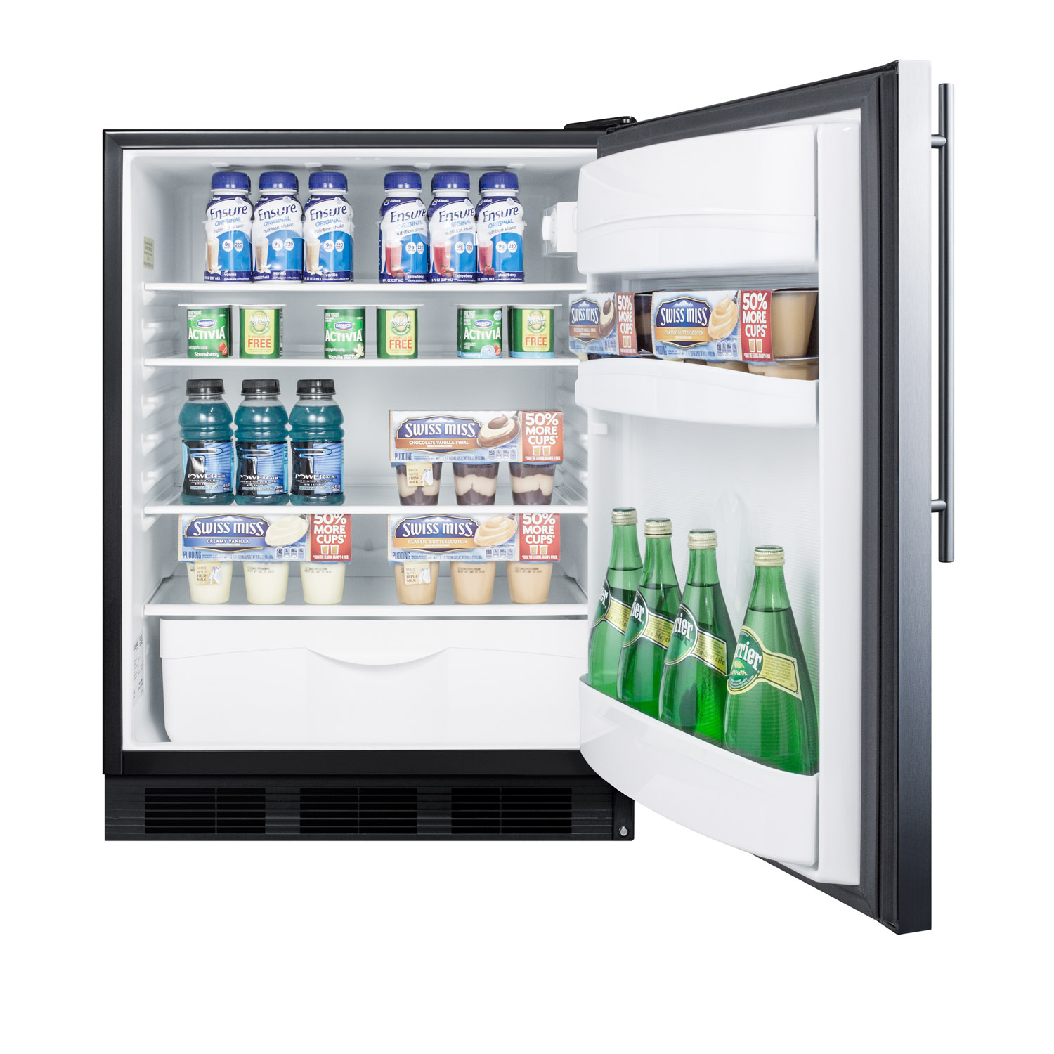 Built-in undercounter all-refrigerator for general purpose use w/automatic defrost, stainless steel wrapped door, thin handle, and black cabinet